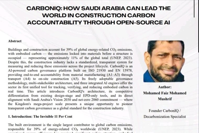 First page of the published article introducing CarbonIQ, with the author credited as Mohamed Faiz Mohamed Mushrif, Founder CarbonIQ.