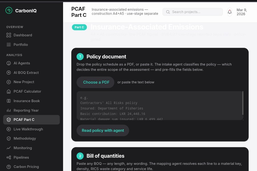 Insurance-associated emissions screen, reading a policy schedule and a bill of quantities.